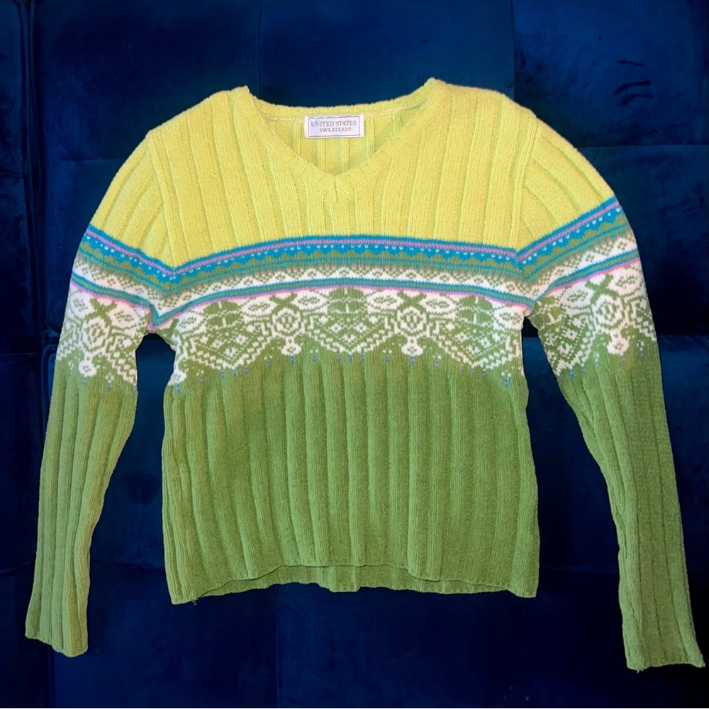 United States Sweaters V-Neck Neon Green Fair Isle
